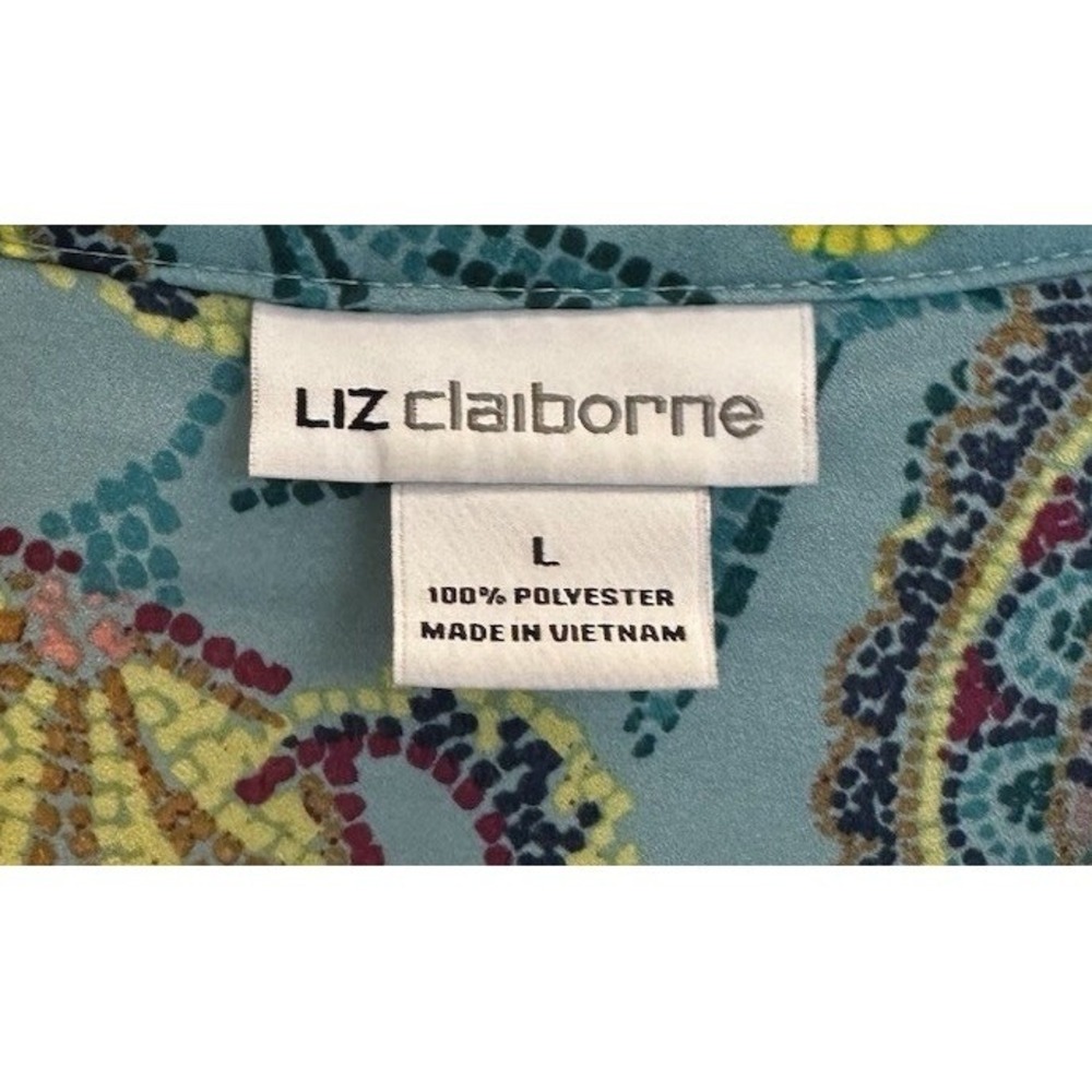 Liz Claiborne Womens Teal Paisley Pleated Front Long Sleeve Blouse Size L - Picture 3 of 5